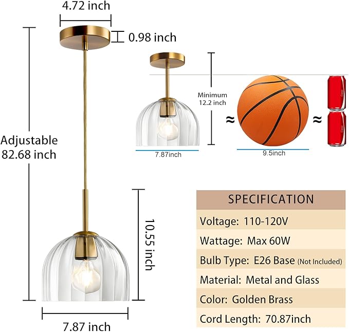 Modern Pendant Light Kitchen Island, Nordic Boho Dome Chandelier, 7.86" Bell Lamp Shape Hanging Ceiling Lighting Fixture with Clear Striped Glass Lampshade Dining Room