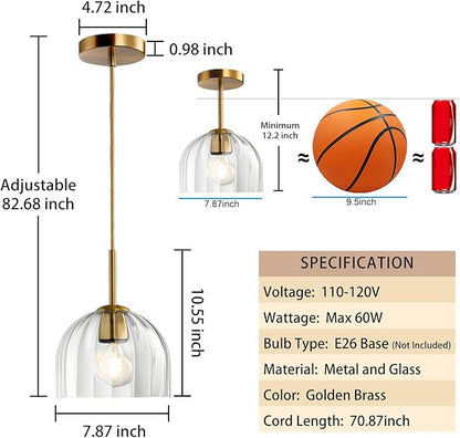 Modern Pendant Light Kitchen Island, Nordic Boho Dome Chandelier, 7.86" Bell Lamp Shape Hanging Ceiling Lighting Fixture with Clear Striped Glass Lampshade Dining Room