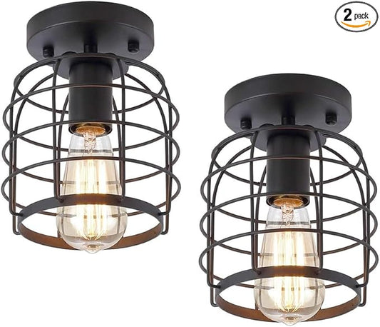 Create For Life® Industrial Vintage Flush Mount Ceiling Light,Rustic Metal Cage Semi Flush Mount Ceiling Lamp Fixture for Hallway Stairway Kitchen Garage, E26, Black Finish,2 Pack