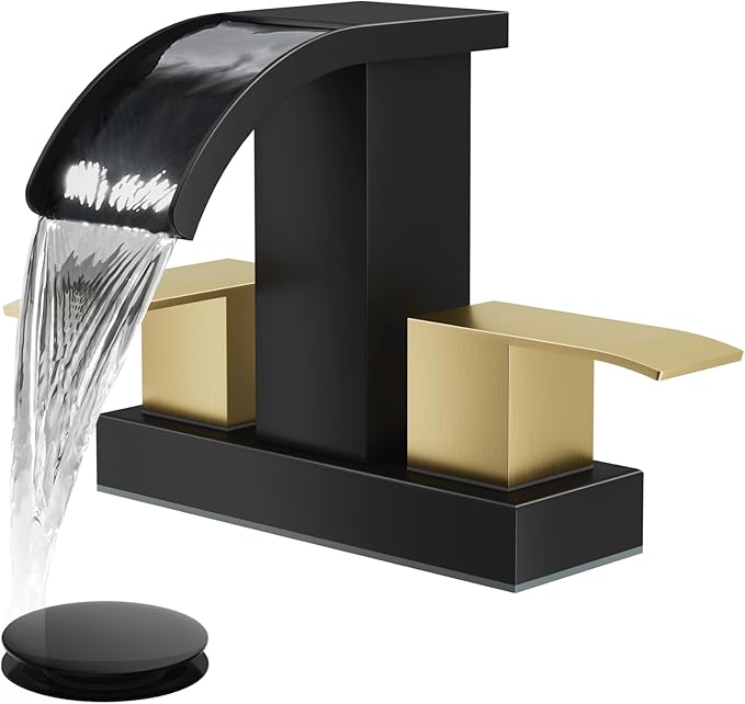 gotonovo Waterfall 4 Inch Centerset Bathroom Sink Faucet 2 Handle Basin Faucets 2 or 3 Hole Deck Mount with Pop Up Drain Included Lavatory Modern Mixer Tap Vanity Faucet Matte Black & Brushed Gold