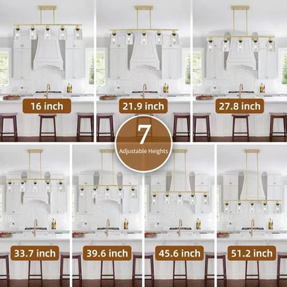 39.4" Kitchen Island Lighting, 5 Lights Clear Glass Pendant Light Fixtue, Golden Linear Metal Chandelier for Dining&Living Room Foyer,Height Adjustable,E26 Socket