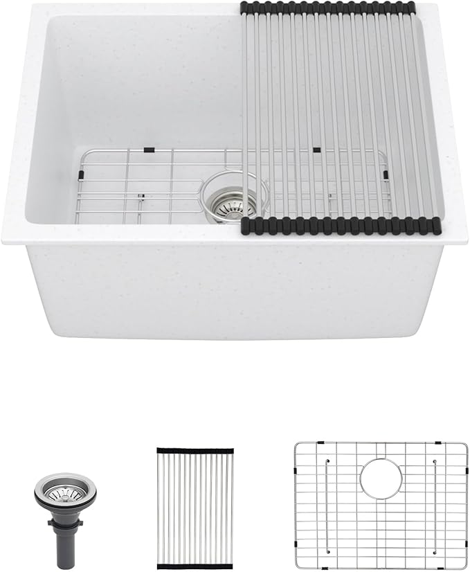 12" Deep White Laundry Utility Sink - 24"x18"x12" Granite Composite Undermount Laundry Sink White Quartz Classic Under Counter Single Bowl Extra Deep Sinks #TLGU-120