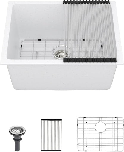 12" Deep White Laundry Utility Sink - 24"x18"x12" Granite Composite Undermount Laundry Sink White Quartz Classic Under Counter Single Bowl Extra Deep Sinks #TLGU-120