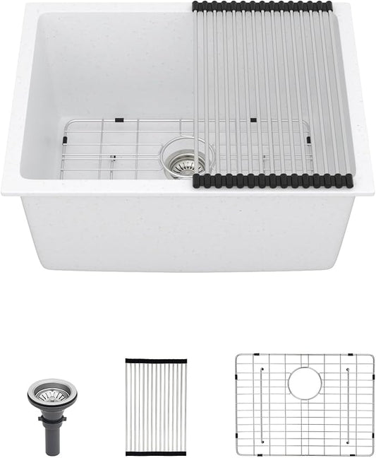 12" Deep White Laundry Utility Sink - 24"x18"x12" Granite Composite Undermount Laundry Sink White Quartz Classic Under Counter Single Bowl Extra Deep Sinks #TLGU-120