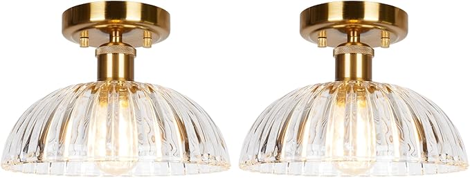 JYZ Semi Flush Mount Ceiling Light, Gold Ceiling Light Fixture with Brass & Ribbed Glass Shade, Vintage Light fixtures for Hallway, Entryway, Bathroom, Kitchen, Bedroom 2-Pack
