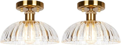 JYZ Semi Flush Mount Ceiling Light, Gold Ceiling Light Fixture with Brass & Ribbed Glass Shade, Vintage Light fixtures for Hallway, Entryway, Bathroom, Kitchen, Bedroom 2-Pack