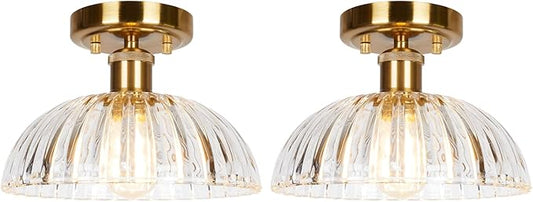 JYZ Semi Flush Mount Ceiling Light, Gold Ceiling Light Fixture with Brass & Ribbed Glass Shade, Vintage Light fixtures for Hallway, Entryway, Bathroom, Kitchen, Bedroom 2-Pack