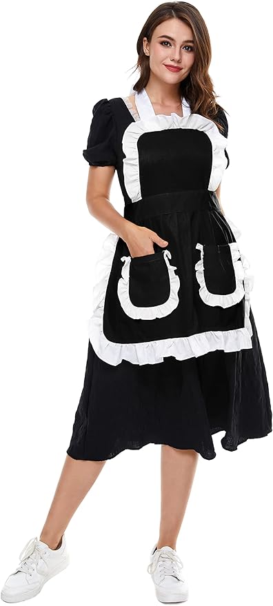 Women's Ruffles Outline Retro Pockets Apron Kitchen Cooking Cleaning Maid Costume (Black)