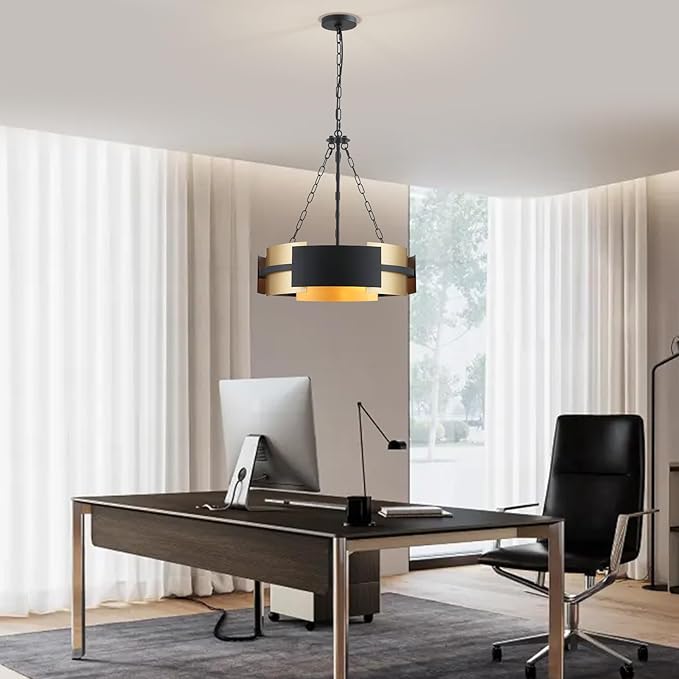 Modern Chandelier 19.7" Industrial Hanging Light Fixture Black and Gold 4-Light Large Drum Pendant Lighting for Dining Room Kitchen Island Office Living Room
