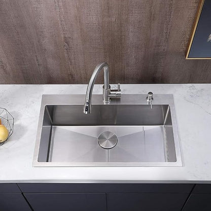 30 inch Drop in Kitchen Sink, Topmount Single Bowl 304 Stainless Steel Handmade Satin Finish Kitchen Sinks with Dish Grid and Strainer