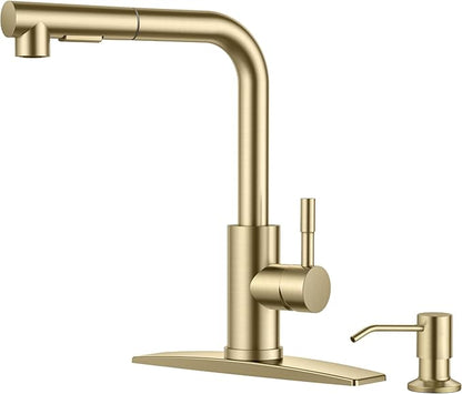 FORIOUS Gold Kitchen Faucet with Soap Dispenser, Stainless Steel Sink Faucet with Pull Out Sprayer Modern Single Handle Suitable for RV Bar Farhouse Laundry Outdoor