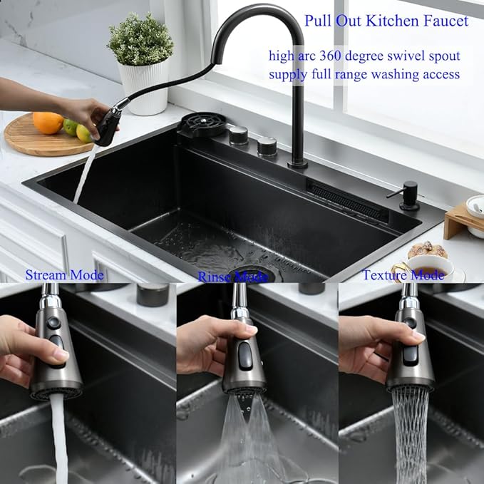 33 Inch Drop In Waterfall Kitchen Sink with Fuacet Combo-Bokaiya 33x22 Drop In Kitchen Sink with Cup Washer 16 Gauge Black Stainess Steel Top Mount Multifunctional Sink, Updated Water Pressure Control
