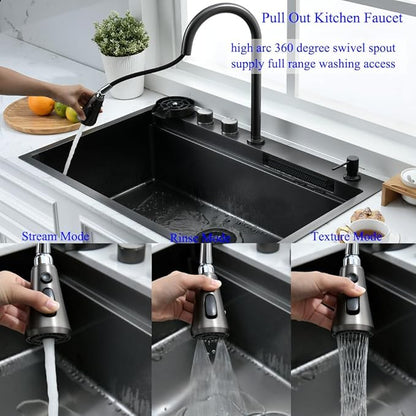 33 Inch Drop In Waterfall Kitchen Sink with Fuacet Combo-Bokaiya 33x22 Drop In Kitchen Sink with Cup Washer 16 Gauge Black Stainess Steel Top Mount Multifunctional Sink, Updated Water Pressure Control