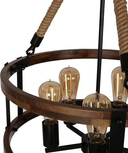 Rustic Wood Chandelier for Dining Room 5-Light, Kitchen Island Industrial Pendant Light Vintage Hanging Dining Room Farmhouse Light Fixtures