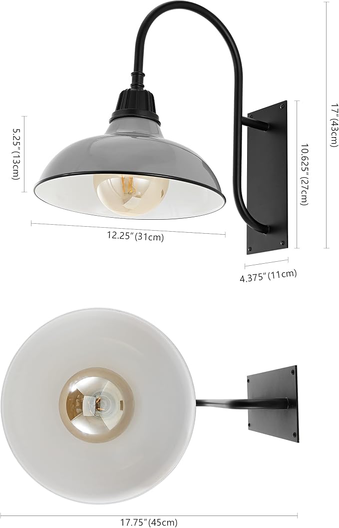 JONATHAN Y 12.25" Gray/Black 1-Light Farmhouse Gooseneck Outdoor Wall Sconce Lamp, with Black Metal Bowl Shade, Industrial Iron LED Porch Light for Patio Garage Entryway (JYL7614D)