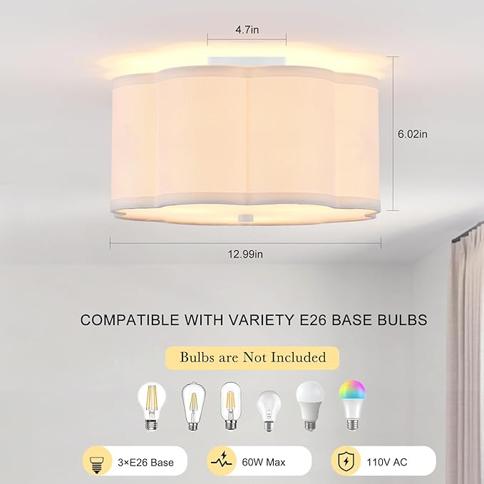 Modern Drum Semi Flush Mount Ceiling Light Fixture Modern 12.99” White 3-Lights Drum Ceiling Lighting Vintage Linen Ceiling Lamp for Kitchen, Basement, Dining Room, Bedroom, Laundry Room