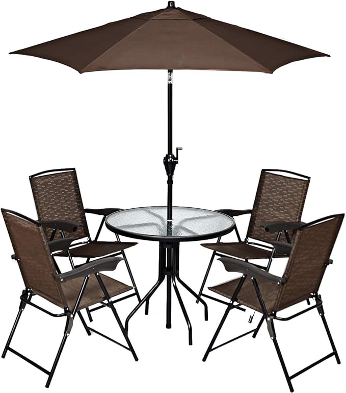 Tangkula 32” Outdoor Dining Table Round, Tempered Glass Top Steel Frame with 1.6 inch Umbrella Hole, All Weather Patio Side Table for Backyard Lawn Balcony Poolside or Garden