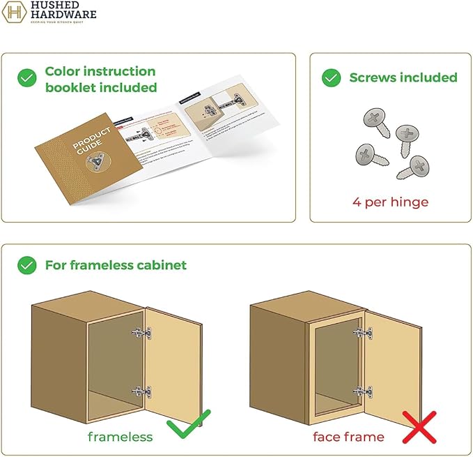 Soft Close Cabinet Hinge Set. 4 Frameless Full Overlay Cabinet Hinges for Kitchen Cabinets with Adjustable Closing Speeds.