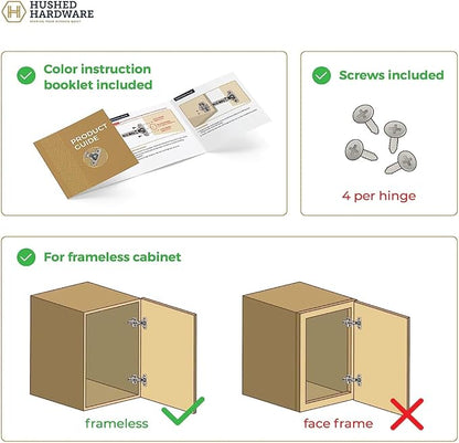 Soft Close Cabinet Hinge Set. 4 Frameless Full Overlay Cabinet Hinges for Kitchen Cabinets with Adjustable Closing Speeds.