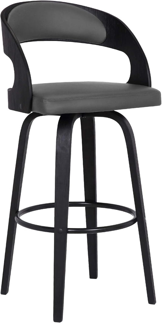 Armen Living Shelly 30" Bar Height Swivel Gray Faux Leather and Black Wood Bar Stool