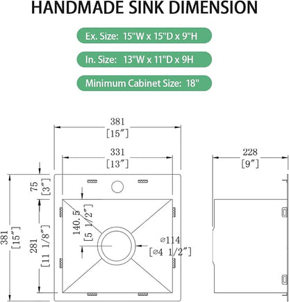 FRANIC 15" Handmade Black Bar Workstation Sink, 15" x 15" x 9" Stainless Steel Matte Nano Black Topmount Single Bowl Small Kitchen Outdoor Sink