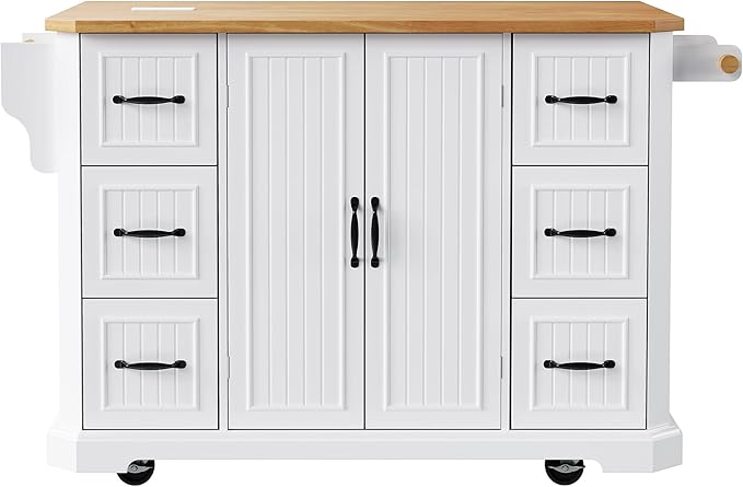 Merax Farmhouse 56 Inch Kitchen Island on Wheels with Drop Leaf Table & Power Outlet, Rubber Wood Kitchen Rolling Cart with Towel Rack, 6 Drawers & Cabinet, White