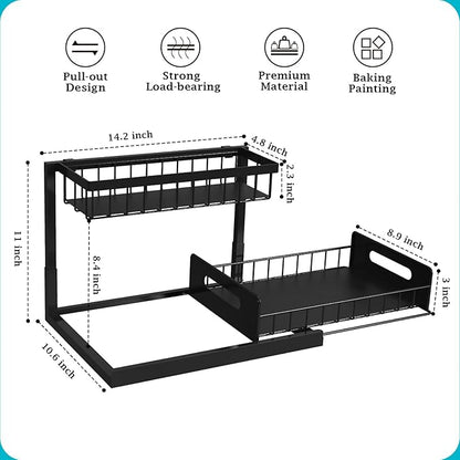 REALINN Under Sink Organizer, L-Shaped 2 Tier Pull Out Cabinet Organizer for Kitchen and Bathroom, Slide Out Under Cabinet Storage, Metal Under Sink Storage with Sliding Drawer, 50 lbs, Black 2 Pack