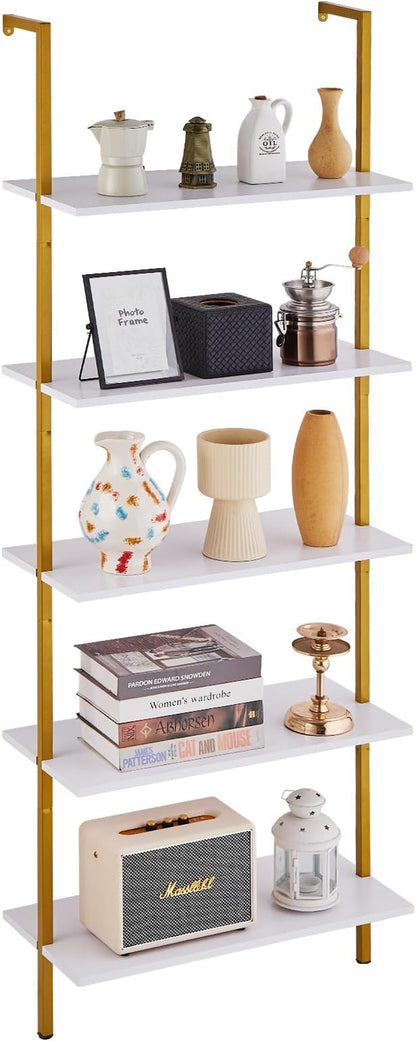 VEVOR Ladder Shelf, 5-Tier Bookshelf 24x11.8in, Open Wall-Mounted Ladder Shelf with Metal Frame,Storage Rack Sundries Holder for Kitchen Bedroom Bathroom Living Room, Gold White
