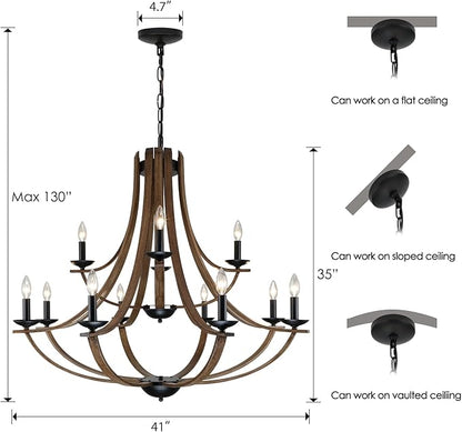 LAMPKEDUO Farmhouse Chandeliers for Dining Room Light Fixture, 2 Tier 12-Light 41" Adjustable Height Retro Faux Wood Texture Rustic Light Fixtures for Living Room Bedroom Foyer Entryway