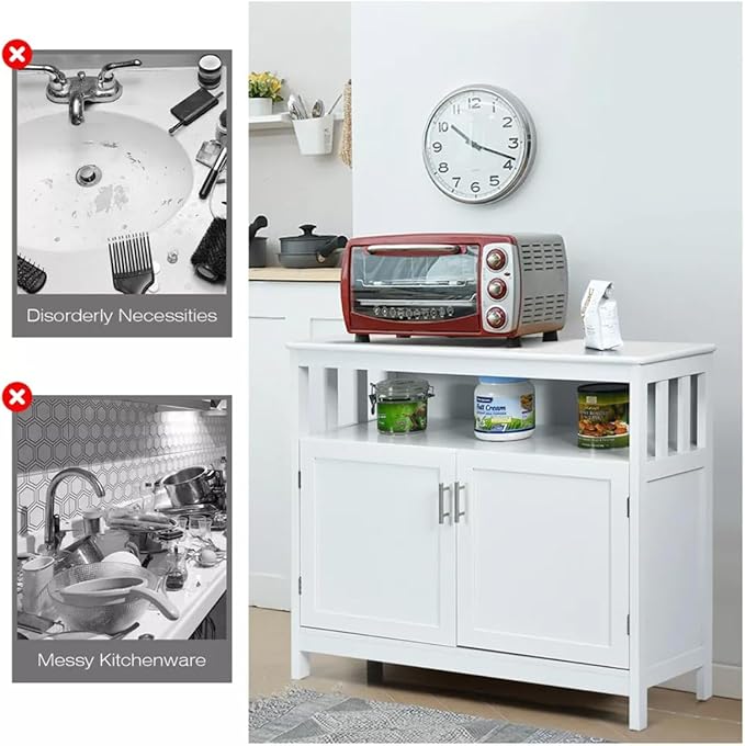 Sideboard Buffet Storage Cabinet Wood Kitchen Cupboard Server Console Island Table 2 Doors Storage Chest with Top Open Shelf (White)