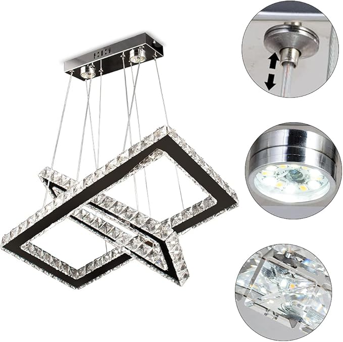 Finktonglan Modern Crystal Chandelier, Rectangular Double Ring LED Pendant Light, 6000K Cool White Non-Dimmable, Height Adjustable Hanging Light Fixture for Dining Room Living Room Bedroom