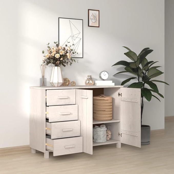 White Sideboard Buffet Cabinet for Dining Room Solid Pine Wood with 4 Drawers 2 Doors 44.5 x 15.7 x 31.5 in Storage Console for Living Room Kitchen Coffee Bar
