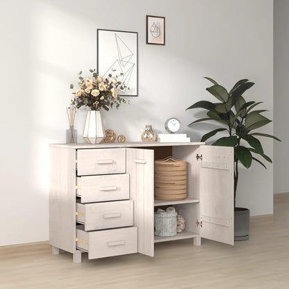 White Sideboard Buffet Cabinet for Dining Room Solid Pine Wood with 4 Drawers 2 Doors 44.5 x 15.7 x 31.5 in Storage Console for Living Room Kitchen Coffee Bar