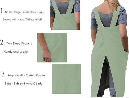 WROLEM Women's Practical Cross Back Pinafore Apron with Large Pockets Home Kitchen,Restaurant,Coffee House,Cooking,Gardening