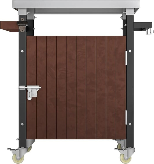 Modern Dining Table Outdoor Grill Cart with Stainless Steel Tabletop Patio Kitchen Island Wheels Hooks Spice Rack Waterproof Movable Wood Console,Brown