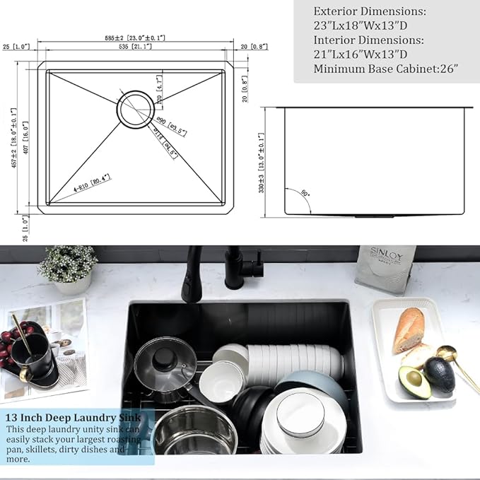 23 Inch Black Undermount Laundry Sink-VASOYO 23x18x13 Undermount Utility Sink Black Stainless Steel Laundry Room Sinks 16 Gauge 13 Inch Deep Single Bowl Under Mount Outdoor Sink