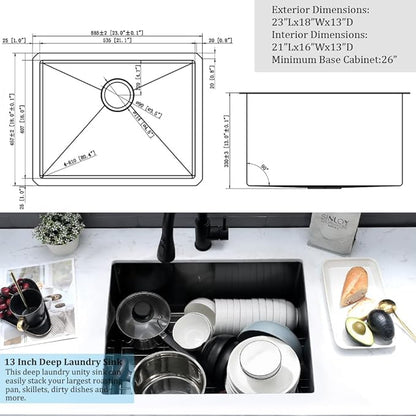 23 Inch Black Undermount Laundry Sink-VASOYO 23x18x13 Undermount Utility Sink Black Stainless Steel Laundry Room Sinks 16 Gauge 13 Inch Deep Single Bowl Under Mount Outdoor Sink