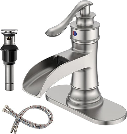 BWE Bathroom Faucet Brushed Nickel Waterfall Single Hole Matching Pop Up Drain Stopper Handle Sink Faucets Bath Vanity Lavatory Vessel Commercial Satin with Water Supply Hose