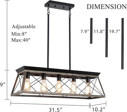 5-Light Pendant Lights Fixture, Farmhouse Chandeliers for Dining Room, Rustic Island Lights for Kitchen, Rectangular Chandelier Rustic Farmhouse Light Fxiture Gold&Black