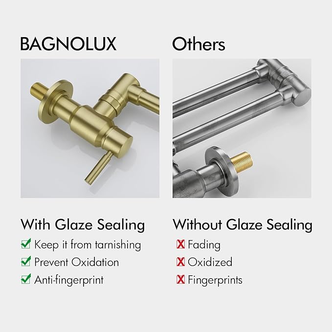 BAGNOLUX Brushed Gold Pot Filler Faucet, Traditional Double Handle Coffee Machine Wall Mount with Spout Reach Double-Jointed Swivel Stove Brass Kitchen Faucet 23.4 Inch, Brushed Light Yellow Gold