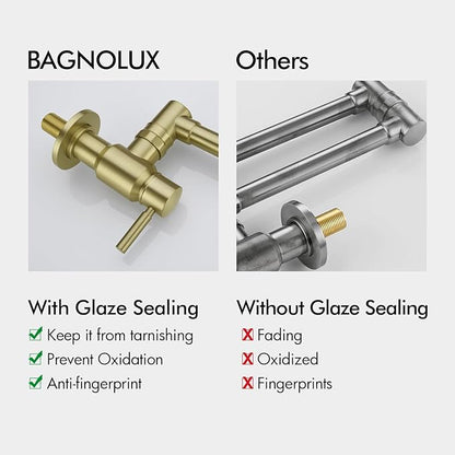 BAGNOLUX Brushed Gold Pot Filler Faucet, Traditional Double Handle Coffee Machine Wall Mount with Spout Reach Double-Jointed Swivel Stove Brass Kitchen Faucet 23.4 Inch, Brushed Light Yellow Gold