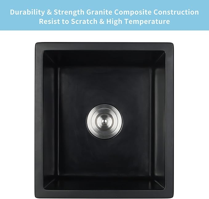 Black Bar Sink Undermount,15 X 17 inch Small Composite Bar Sink,Granite Kitchen & Bar Sinks (Black, 15" X 17")