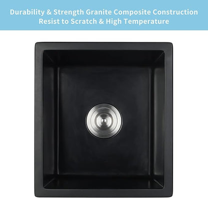 Black Bar Sink Undermount,15 X 17 inch Small Composite Bar Sink,Granite Kitchen & Bar Sinks (Black, 15" X 17")