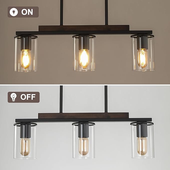 Mecgirn Farmhouse Dining Room Light Fixtures Over Table, Black Pendant Lights for Kitchen Island, 3 Light Linear Chandelier Lighting with Wood