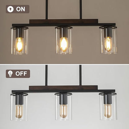 Mecgirn Farmhouse Dining Room Light Fixtures Over Table, Black Pendant Lights for Kitchen Island, 3 Light Linear Chandelier Lighting with Wood