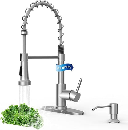 LUFEIDRA Kitchen Faucet with Pull Down Sprayer and Soap Dispenser, High Arc Spring 304 Stainless Steel Single Handle 1 or 3 Hole 2 Mode for Farmhouse RV Camper Laundry Wet Bar (Brushed Nickel)