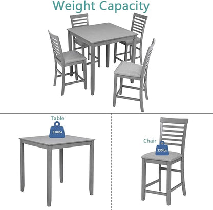 5-Piece Counter Height Dining Table Set for 4, Solid Wood Square Kitchen Table with 4 Upholstered Ladder-Back Chairs, Modern Gray Dining Set for Kitchen and Dining Room