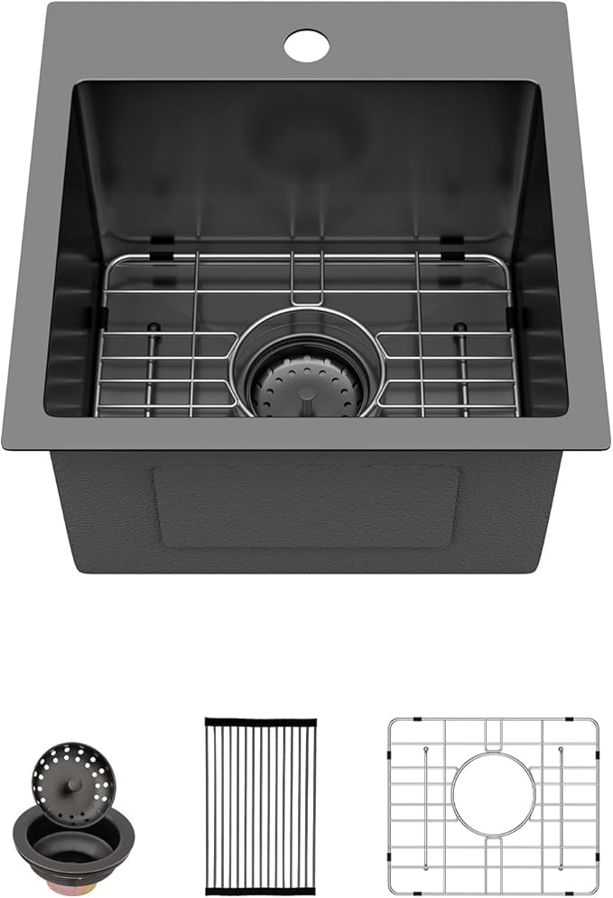 Sarlai 15 Black Drop Bar Sink - 15 x 15 Inch Bar Sink Drop In Topmount Square Gunmetal Black Stainless Steel 16 Gauge Single Bowl Drop Bar Prep RV Kitchen Sink