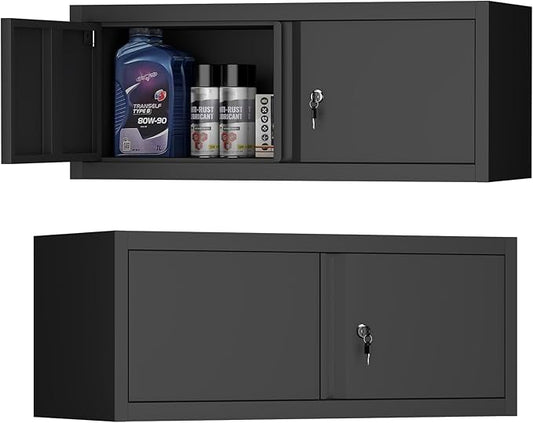 Black Storage Cabinets Wall Mounted, 12.8”H Upper Cabinet for Home, Metal Cabinets with Doors, Locking RV Storage, Floating Garage Tool Cabinet for Warehouse