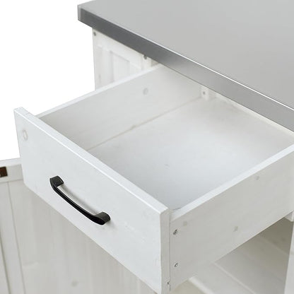 JIJIWANG 35.6" Outdoor Kitchen Island with Stainless Steel Top and Towel and Spice Racks, Rolling Kitchen Island with Storage for Small Spaces Patio White